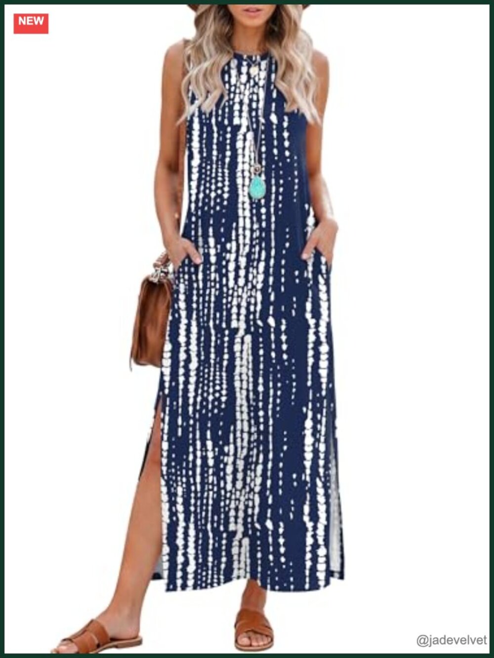 Sleeveless Crewneck Maxi Dress with Slit & Pockets